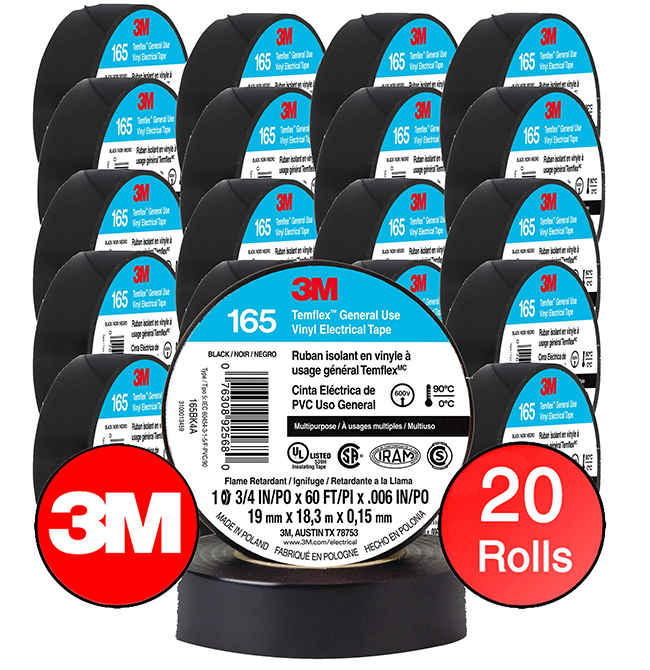20 ROLLS. 3M TEMFLEX 165 ELECTRICAL TAPE BLACK 3/4" x 60 FT INSULATED ELECTRIC